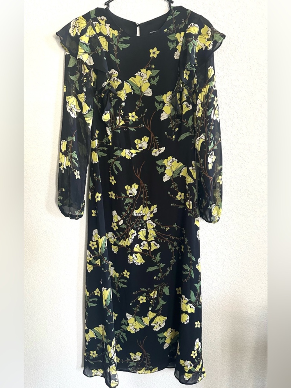 Who What Wear Black Floral Long Sleeve Midi Dress with Yellow and Green Print